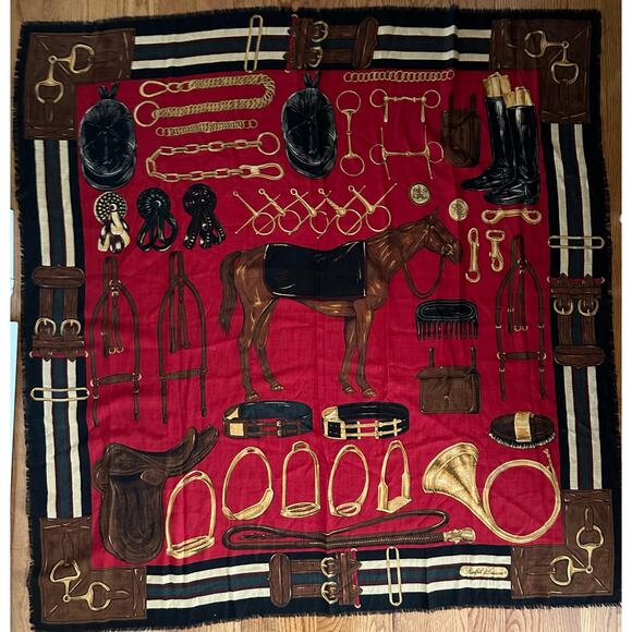 Ralph Lauren equestrian wool Silk horse Scarf Black Red 50x50” large READ - Picture 3 of 16